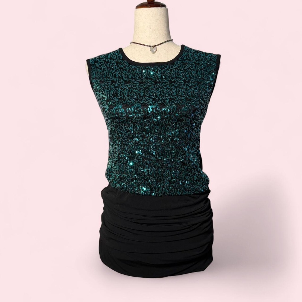 Speechless Y2K Sequin Mini Dress Green Black Ruched Mcbling Party XS